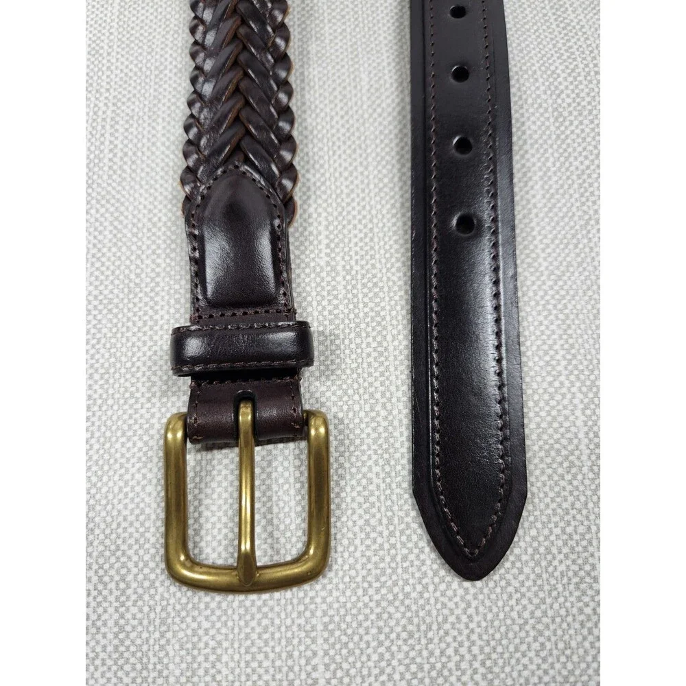 Duluth Trading Co Sz 36 Dark Brown Leather Belt Braided Woven Brass Buckle Flaw